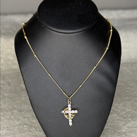 Unbranded Jewelry - 14K Gold Plated Crown Cross CZ Necklace 16in Stainless Steel